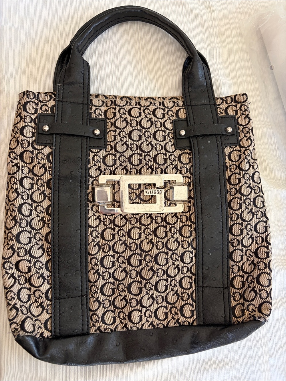 GUESS Vintage mini bag Black & Beige Monogram with Silver Logo Plate